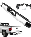 Angled view of rear bumper assembly chrome with black center for 2014–2018 Silverado/Sierra 1500