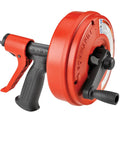 Red and black Power Spinner Drain Cleaner With AutoFeed Self Feed Cable For Drill Powered Operation Up To Five Hundred RPMs.