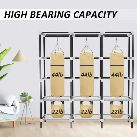 Built Tough Portable Wardrobe Closet With 19mm Steel Pipe Frame, holding weight bags demonstrating high bearing capacity.