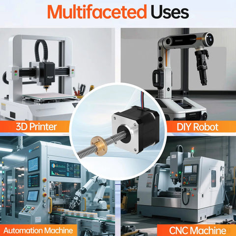 Nema 17 stepper motor with lead screw for 3D printers, CNC machines, automation machines, and DIY robots showcasing versatile uses.
