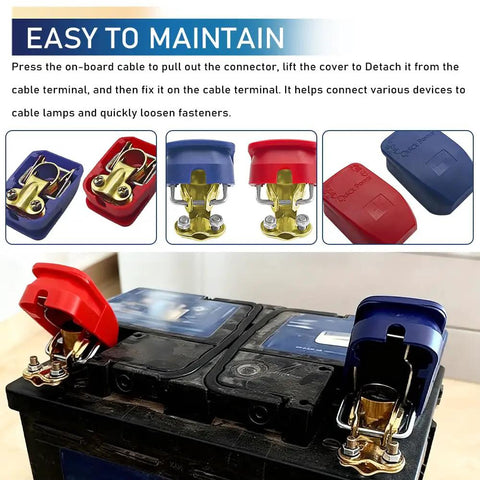 Two Piece Copper Plated Battery Terminal Clamps With Protective Cover And Quick Release Positive Negative Car Battery Connectors Insulated PVC Shell Beefy Heavy Duty Universal Fit For Cars Trucks SUVs installed on battery