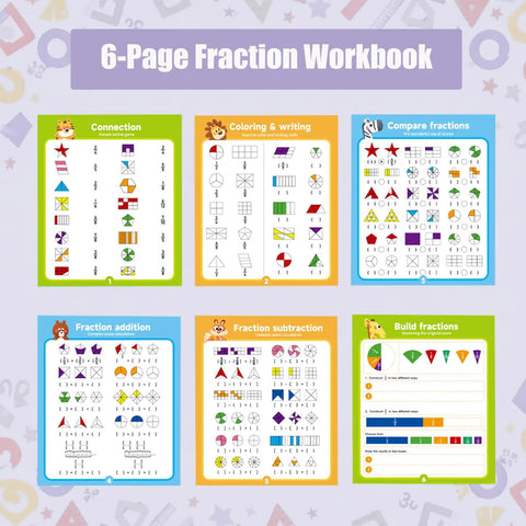 6-page fraction workbook from Hands-On Fraction Learning Kit With Tiles For Elementary Math Fun Demonstration Set For Classrooms And Home.
