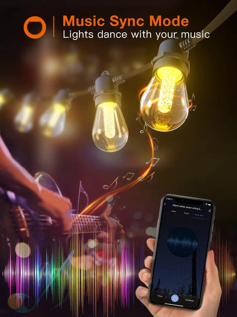Smart Outdoor 25 Ft String Lights With App And Remote Control Music Sync Vibe Dimmable Edison Shatterproof Bulbs