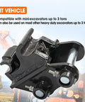 Quick Change Hitch Attachments For Mini Excavators Up To 3 Tons in black metal, close-up angle, with blue sky background