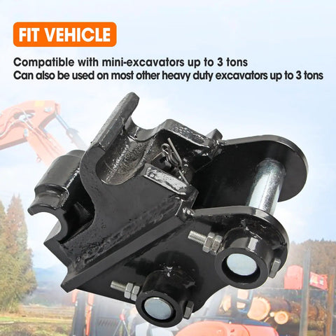 Quick Change Hitch Attachments For Mini Excavators Up To 3 Tons in black metal, close-up angle, with blue sky background