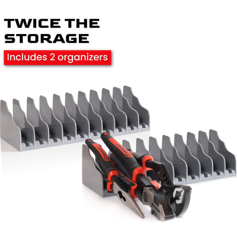 Low Profile Pliers And Wrench Organizer Rack 2 Pack For Tool Drawers, showing organizer with tools and storage slots