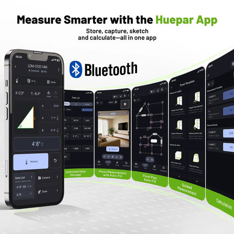 Bluetooth Laser Distance Meter 200 Feet With App Control display showing measurement and app interface features