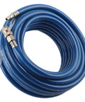Kickass 15 Meter 50 Foot Blue Flexible Pneumatic PVC Air Compressor Hose Quick Coupler For High Pressure On Pneumatic Tools Triple Layer Build Resists Wear And Tear Perfect For Tough Jobs And Diy Gigs Inside The Garage Today coiled with metal quick coupler