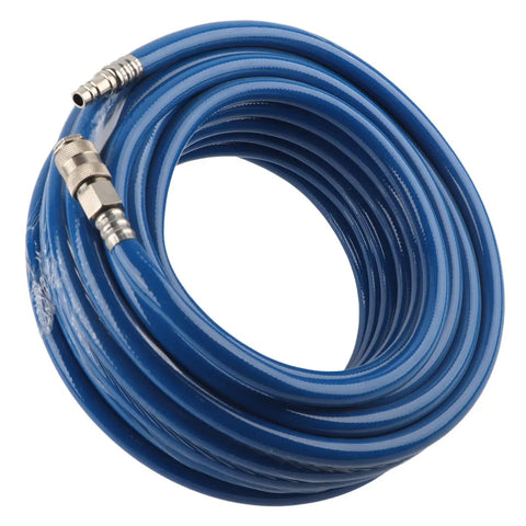 Kickass 15 Meter 50 Foot Blue Flexible Pneumatic PVC Air Compressor Hose Quick Coupler For High Pressure On Pneumatic Tools Triple Layer Build Resists Wear And Tear Perfect For Tough Jobs And Diy Gigs Inside The Garage Today coiled with metal quick coupler