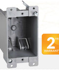 One Gang PVC Old Work Electrical Box 12 Pack 14 Cu In Plastic Junction Box with 2-year warranty shown for switches and outlets.
