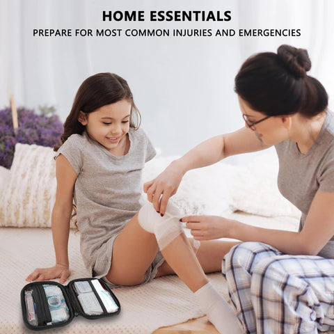 Red mini first aid kit with waterproof hard shell; front view shows supplies as a woman applies a knee bandage.