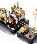 Mini Steam Engine Kit 2 In 1 Beam Engine With Boiler And Lamp Scene DIY Full Metal Build side view with centrifugal regulator