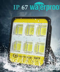 Knockout Brightness Rechargeable Led Work Light With Solar Charging And Remote Control Waterproof Portable Floodlight, IP67 rated for water resistance.
