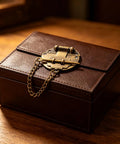 Retro Iron Alloy Hasp Latch Tower Buckle Chain Lock For Vintage Jewelry Chest Treasure Display Case Storage Security Secure Small Gift Box Keepsake Container on brown leather box