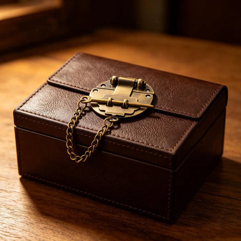 Retro Iron Alloy Hasp Latch Tower Buckle Chain Lock For Vintage Jewelry Chest Treasure Display Case Storage Security Secure Small Gift Box Keepsake Container on brown leather box