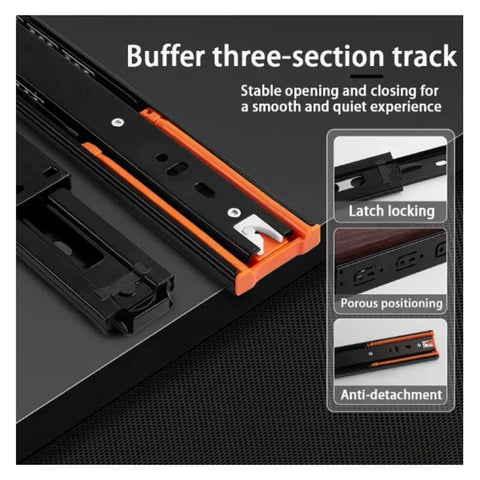 Top Shelf Heavy Duty Metal Buffer Drawer Slides Pair Bottom Mounted Concealed Design Soft Close Smooth Gliding Professional Cabinet Hardware detailed view showing three-section track with latch locking.