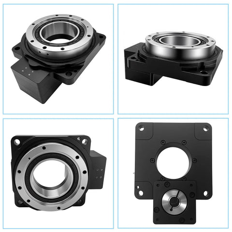 TOSEASTARS hollow rotary platform positioner with 360° indexing; black base, mounting holes (four views).
