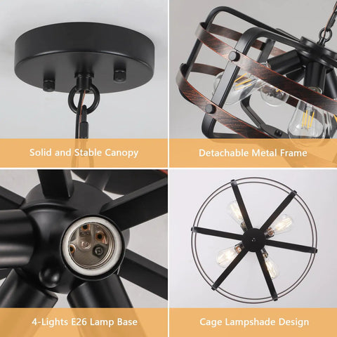 Components of Dope Industrial Black 4 Light Cage Chandelier For Dining Room And Kitchen Farmhouse Rustic Pendant Light Fixture With Vintage Lantern Look And E26 Base