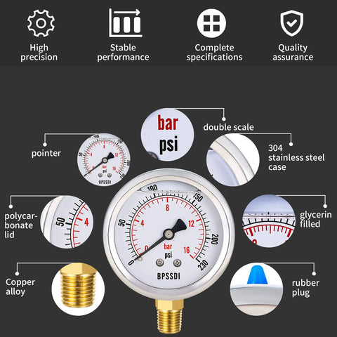 Glycerin Filled Pressure Gauge 0 To 230 Psi For Pool Pumps And Air Compressors With A Two And A Half Inch Dial Lower Mount