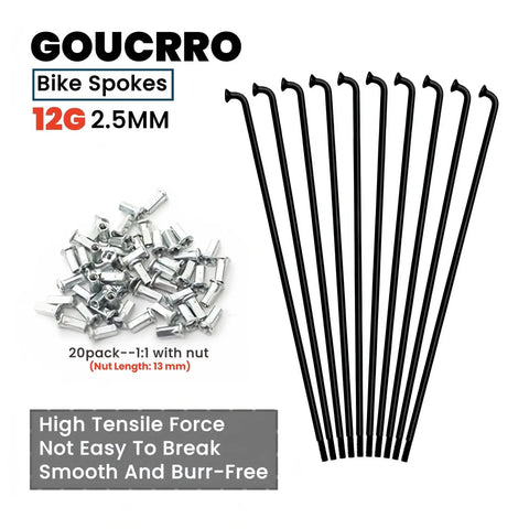 12G Steel Bike Spokes For Electric Bicycles And E-Bikes, Heavy Duty 2.5Mm Gauge, Black, With Nipples, 20-Pack