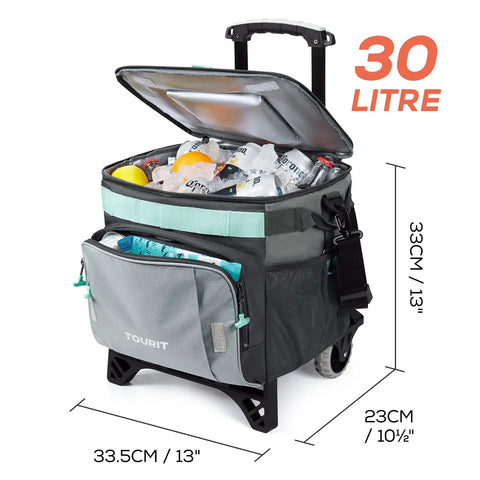 50 Can Collapsible Rolling Cooler With Wheels And All Terrain Cart, Leakproof Insulated Soft Bag, open with ice and drinks