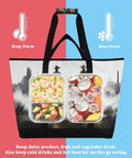 Western Desert Cowboy Style Insulated Cooler Bag With Large Capacity For Shopping Picnics Beach Trips Travel And Camping Leak Proof Thermal Tote featuring dual compartments for warm and fresh storage, depicted with food and drinks inside.