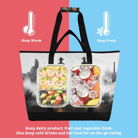 Western Desert Cowboy Style Insulated Cooler Bag With Large Capacity For Shopping Picnics Beach Trips Travel And Camping Leak Proof Thermal Tote featuring dual compartments for warm and fresh storage, depicted with food and drinks inside.