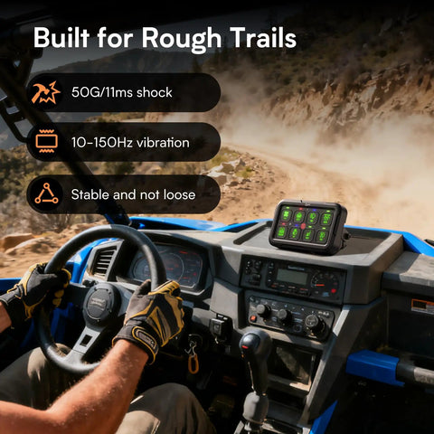 RGB 8 Gang Switch Panel With Momentary Toggle And Pulsed Memory on vehicle dashboard in rugged terrain