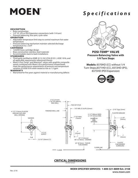Beefy Brass Pressure Balancing Shower Valve With Integral Stops For Tub And Shower Systems Half Inch CC Rough-In Posi Temp Style Temperature Control 8370HD Unit