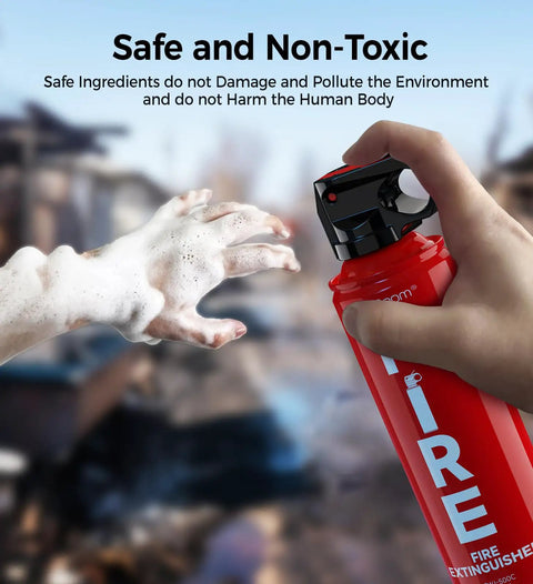 Hand holding red Two Pack Fire Extinguisher Kit ABCK Spray For Home Kitchen Car Grill with foam spray in action