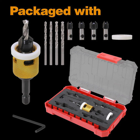 Carbide Tipped Countersink Drill Bit Set, 5 Pack With Low Friction Depth Stop and Quick Change One Quarter Inch Hex Shank