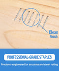 No Fuss Heavy Duty 21 Gauge Half Inch Crown Upholstery Staples 304 Stainless Steel embedded in wood, showing clean finish.