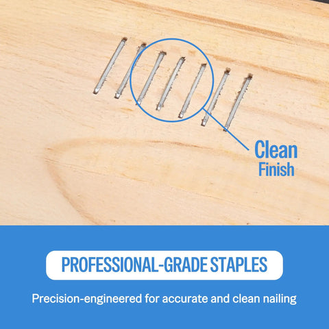 No Fuss Heavy Duty 21 Gauge Half Inch Crown Upholstery Staples 304 Stainless Steel embedded in wood, showing clean finish.