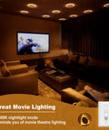 VOLISUN 8 Pack 6 Inch 5CCT Recessed Light with Night Light, 12W=130W,1080LM illuminating a cozy movie room with amber glow.