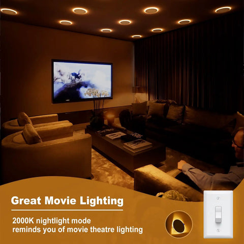 VOLISUN 8 Pack 6 Inch 5CCT Recessed Light with Night Light, 12W=130W,1080LM illuminating a cozy movie room with amber glow.