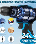 12V Cordless Drill Kit With LED Light, 146 Piece Do It All Home Tool Set, side view with internal mechanism details