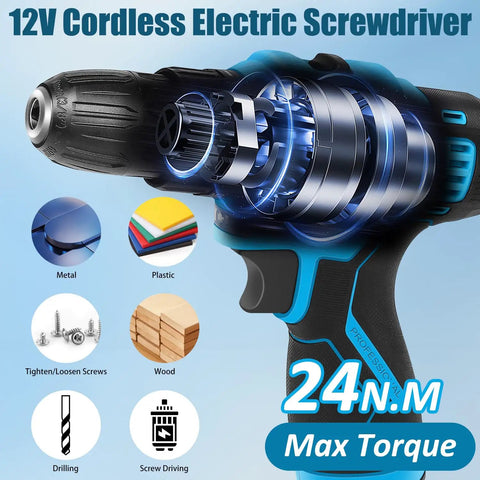 12V Cordless Drill Kit With LED Light, 146 Piece Do It All Home Tool Set, side view with internal mechanism details