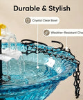 Close-up of Solar Powered Cascade Hanging Bird Bath Fountain With No Battery Needed Water Pump Dispenser, blue bowl, weather-resistant chains.