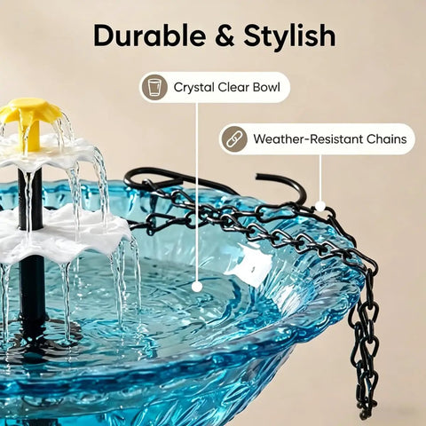 Close-up of Solar Powered Cascade Hanging Bird Bath Fountain With No Battery Needed Water Pump Dispenser, blue bowl, weather-resistant chains.