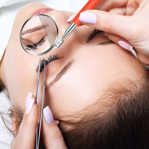 Three Piece Telescoping Inspection Mirror Set With Adjustable Round Mirrors In Orange, used for close-up view during eyelash work