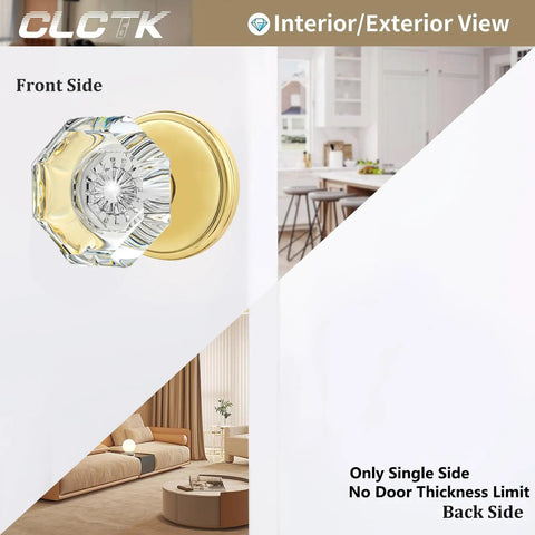 Front view of 4 Pack Glass Dummy Door Knobs For Single Side Use, Polished Brass Gold for hallways, closets, bifold doors.