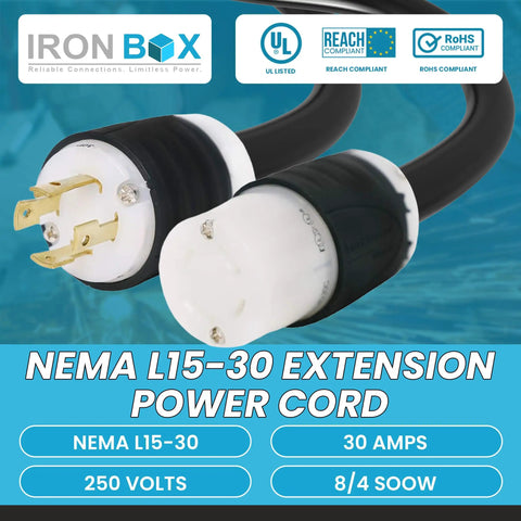 Heavy Duty Nema L15-30 Extension Power Cord 30 Amp 250 Volt 25 Foot 8/4 Soow Generator Cable with dual connectors