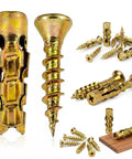 Hinge Repair Kit With Expansion Anchors And 6x14mm Dowels For Stripped Cabinet Holes showing gold screws and anchors