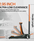 Maxority 3-Ton low-profile hydraulic floor jack; steel body with orange handle, side view