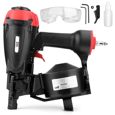 Side view of Coil Roofing Nailer For Three Quarters Inch To One And Three Quarters Inch Nails, Pneumatic Roof Nail Gun with accessories
