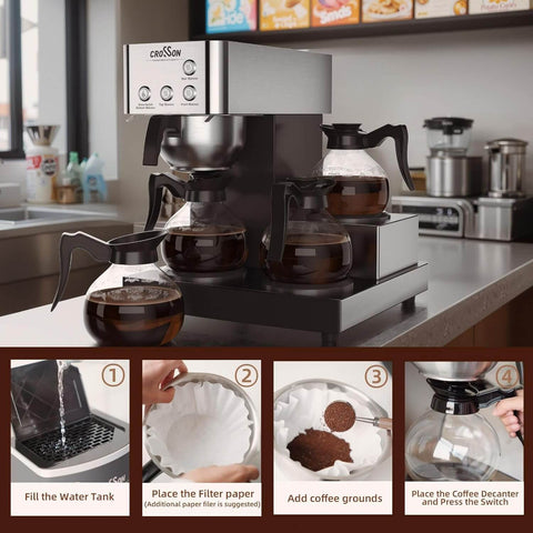 12 Cup Commercial Coffee Brewer With 4 Warmers And 4 Glass Decanters in stainless steel housing on counter