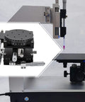Manual Linear Position Stage With R Axis for Precision Lab and Workshop Use, desktop sliding table 90mm by 90mm, close-up view.