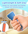 Kid Friendly Rechargeable LED Flashlight With Fun DIY Stickers, 6 Light Modes, Adjustable Brightness held in child's hand.
