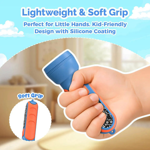 Kid Friendly Rechargeable LED Flashlight With Fun DIY Stickers, 6 Light Modes, Adjustable Brightness held in child's hand.