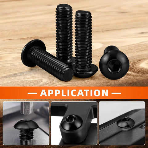 Badass M5 By 8mm Button Head Hex Socket Cap Screws 10.9 Grade Alloy Steel Black Oxide Finish 100 Pack on a wood surface, showcasing application.
